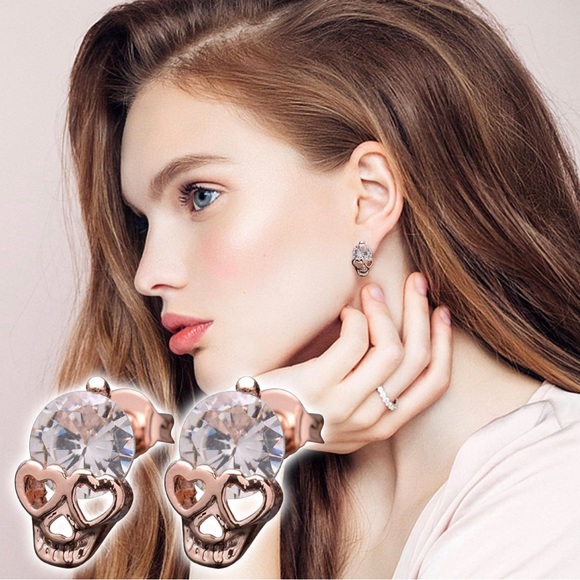 Earrings Skulls Rhinestone Hearts with Rose Gold Tone Studs Small Unisex - Picture 6 of 6